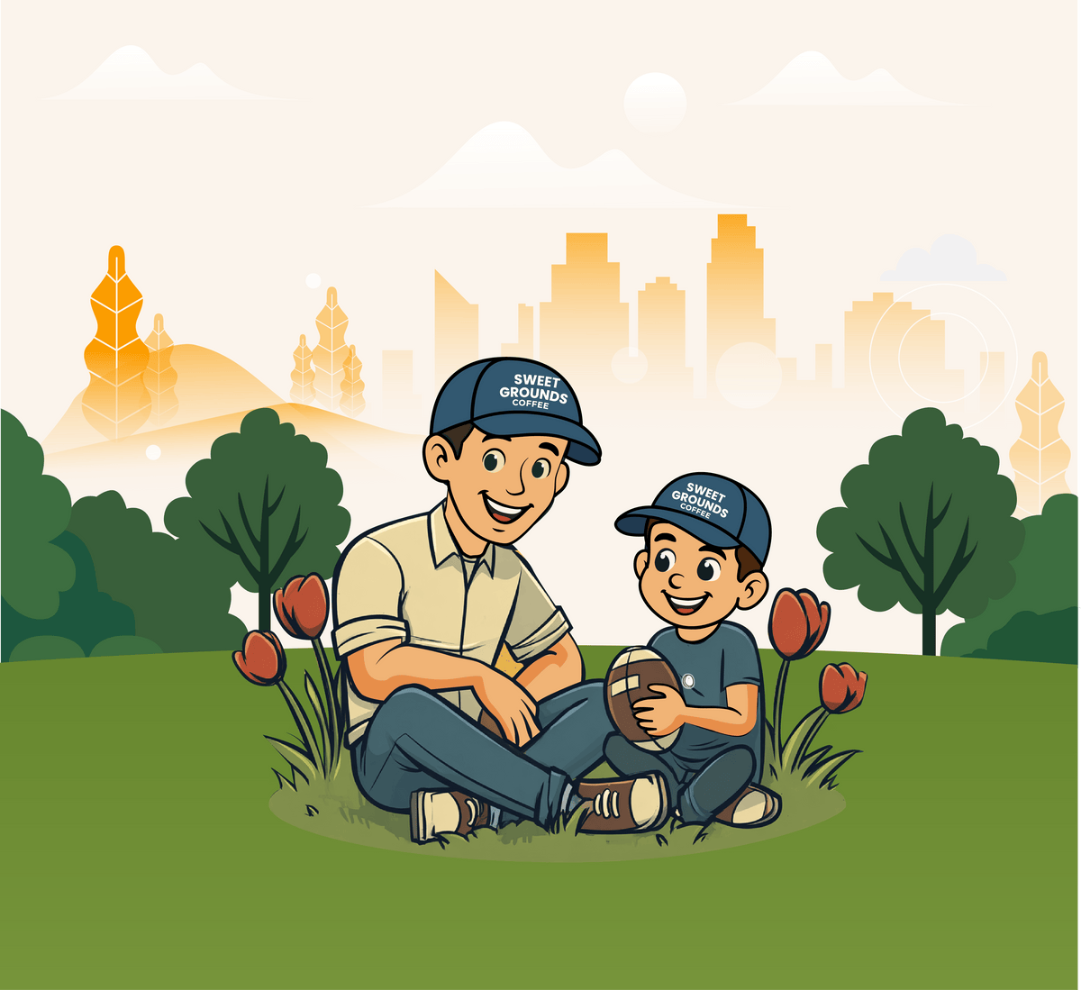 Illustration of a father and son sitting together in a park, both wearing Sweet Grounds Coffee caps