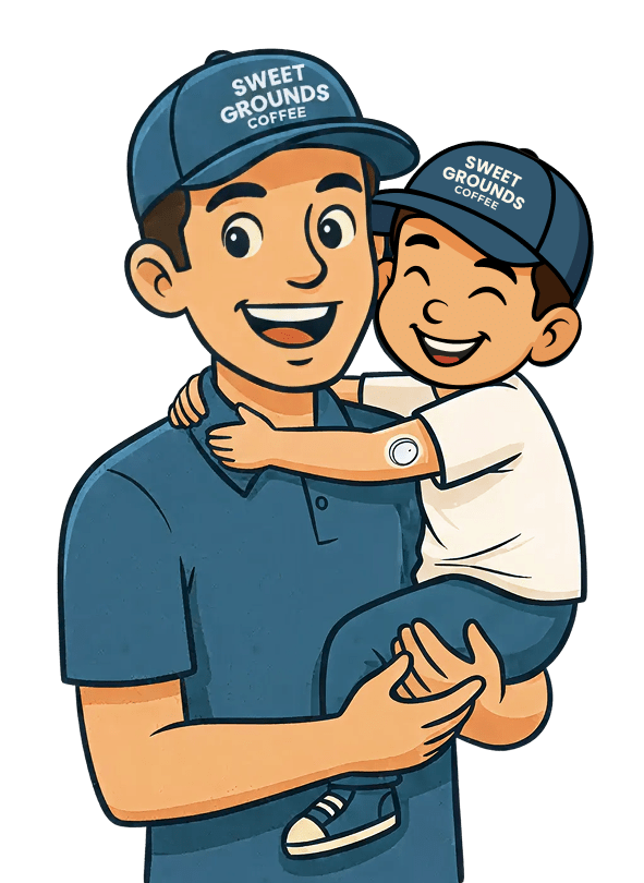 Illustration of a father holding his smiling son, who wears a diabetes glucose monitor on his arm, both wearing Sweet Grounds Coffee caps