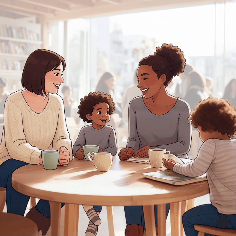Illustration of two parents and their children talking over coffee at a cafe table