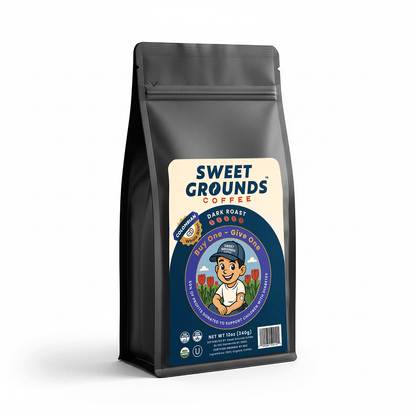 Colombian dark roast coffee, organic whole bean, 12 oz bag, OU kosher, Sweet Grounds Coffee label with Daniel