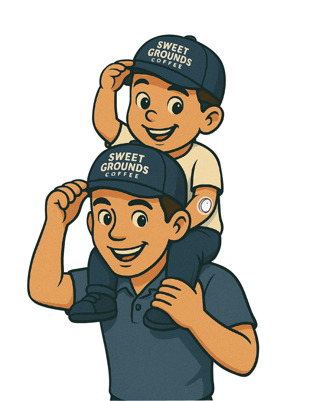 Cartoon illustration of a man carrying a child on his shoulders, both wearing 'Sweet Grounds Coffee' hats.